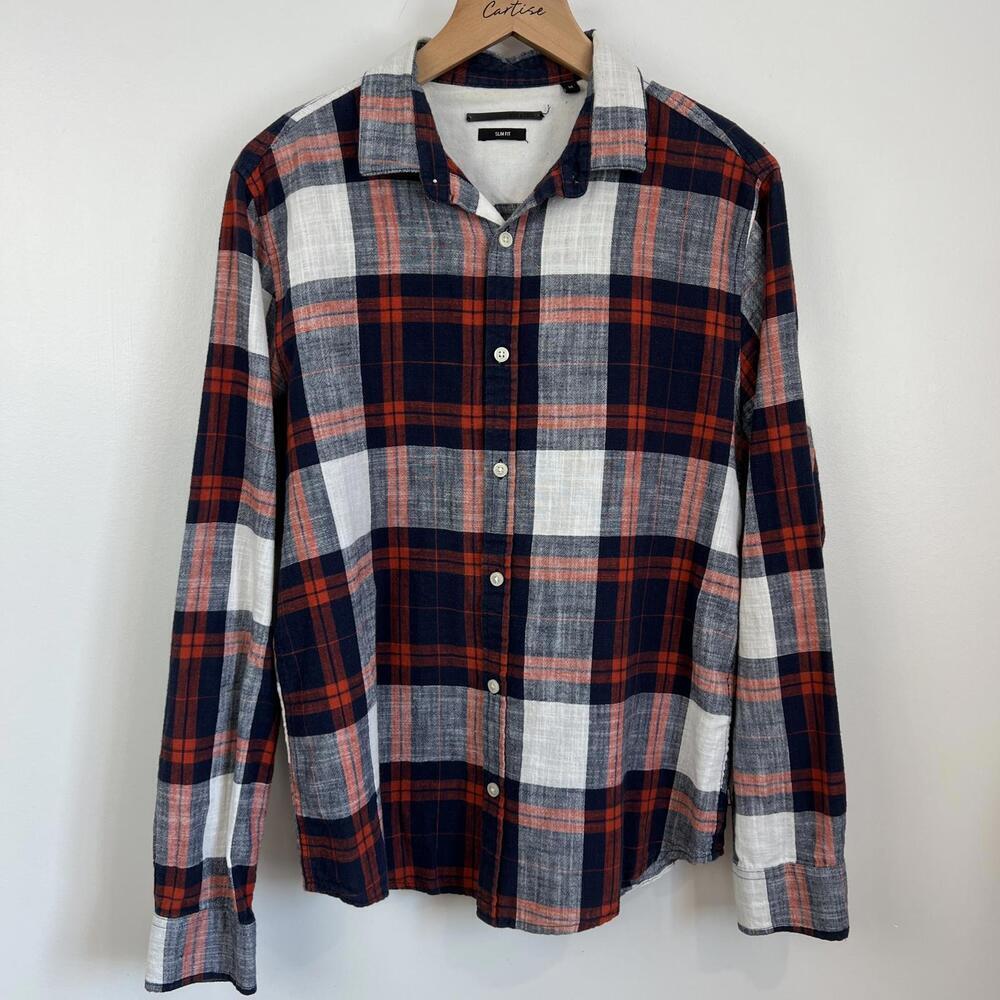 Only & Sons Men's Medium Blue Red Plaid Long Sleeve Flannel Button Down Shirt